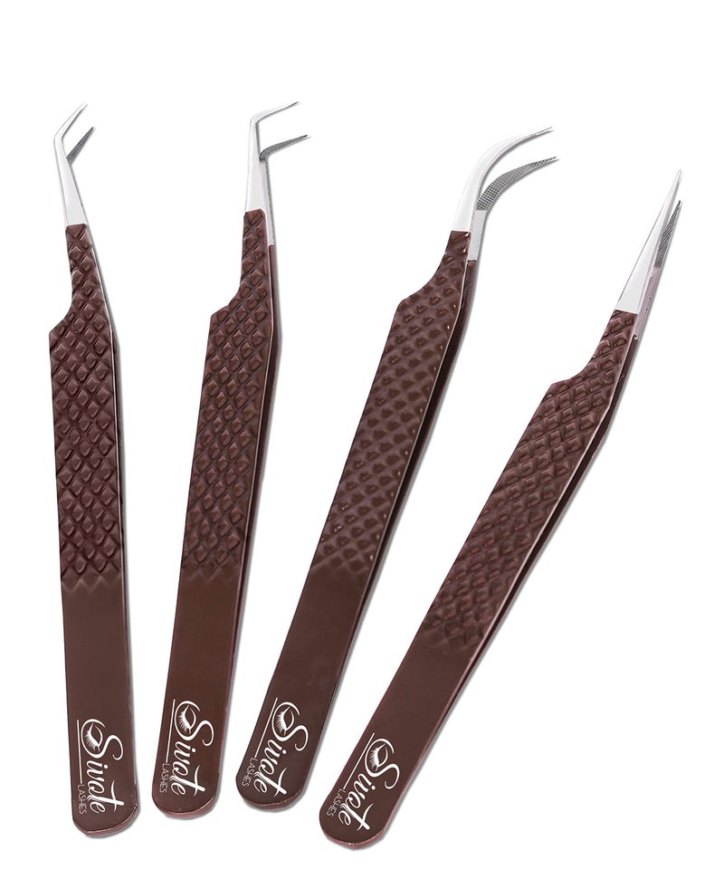 SIVOTE Lash Extension Tweezers Fiber Tips Set of 4 Curved Dolphin 90 Degree  45 Degree Tweezer Chocolate